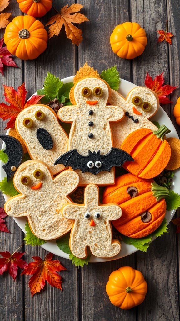 A colorful assortment of Halloween-themed sandwiches shaped like ghosts, pumpkins, and bats, decorated with olives and pickles, on a rustic table.